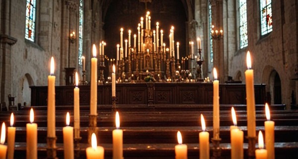 Электроарфа при свечах в старинной церкви