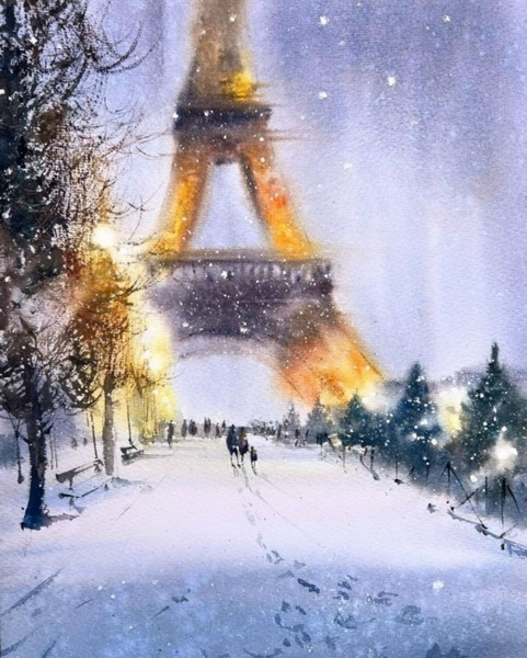 Новогодний мастер-класс "Париж", акварель