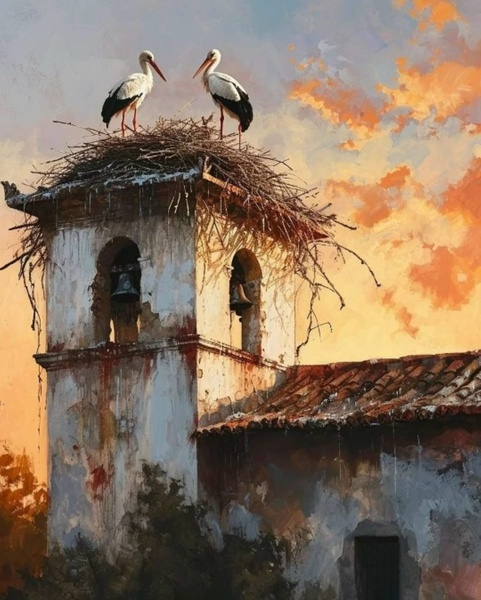 Мастер-класс "Дом с аистами", масло/акрил
