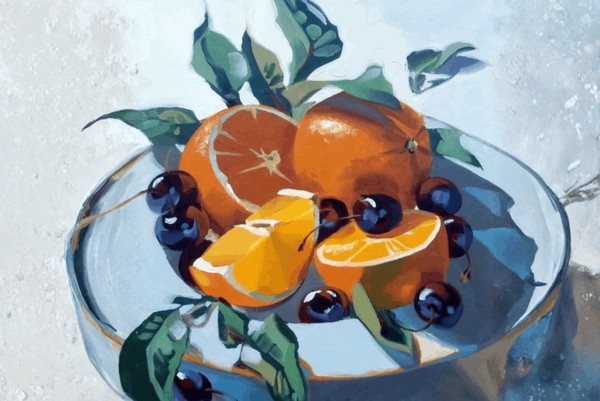 Живопись акриловыми красками на холсте «Натюрморт с апельсином»