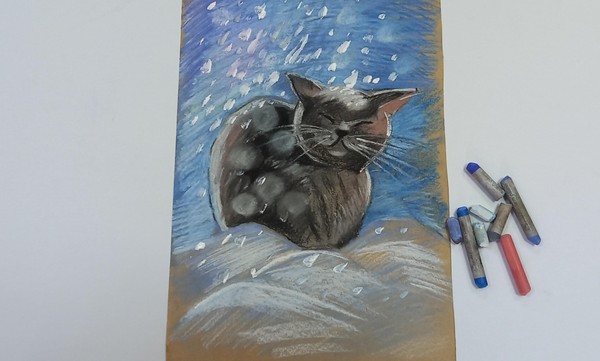 Мастер-класс по пастельной живописи «Котик в снегу»