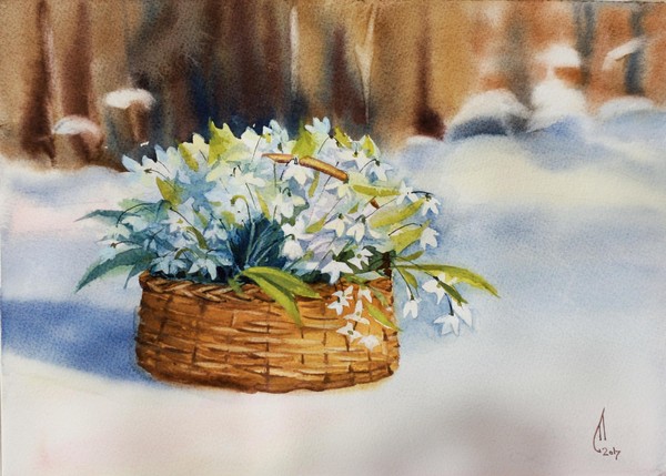 Арт терапия «Творить легко». Рисование. «Первоцветы. Подснежники в корзине»