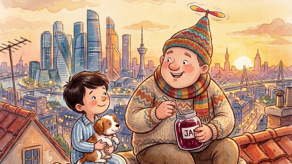 Смешной человечек на крыше живёт