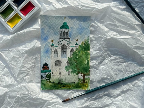 Мастер-класс «Открытка со звонницей в стиле акварельного скетчинга»