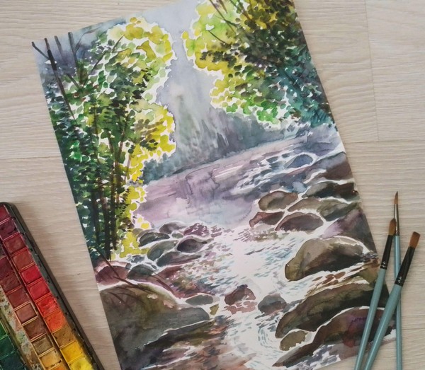 Акварельный пейзаж «Солнечный луч»