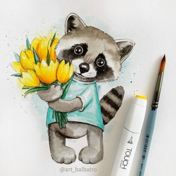 16.05 в 10.00 Мастер-класс для детей "Енот с тюльпанами", маркеры.