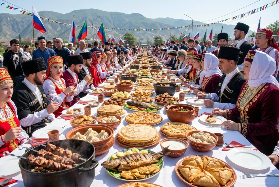 Установка 100-метрового стола с 300 блюдами народов России